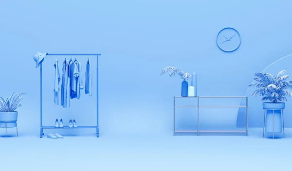 Clothes on a hanger, storage shelf in pastel blue background. Collection of clothes hanging on rack, plants and door concept. 3d rendering, concept for shopping store and bedroom, studio, life style