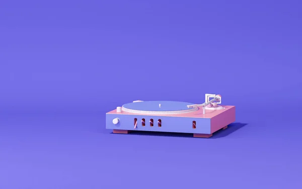 3d render of pink and purple vinyl record player. Trendy 3d rendering for social media banners, promotion, presentation, image. Fashion scene on the website.