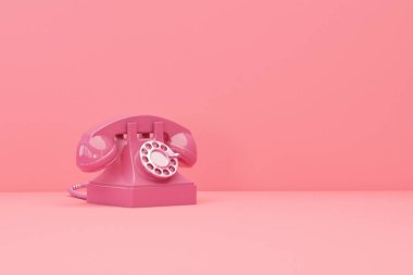 Kabloları bükülmüş eski bir telefon. Pastel pembe arka planda geçmişe dönük teknoloji. Sosyal medya ve işyeri konsepti için en düşük kompozisyon. 3d hazırlayıcı