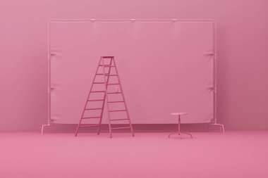 Katlanan merdiveni ve sandalyesi olan 3D fotoğraf stüdyosu. Fotoğraf stüdyosu pembe boş fon. 3d resimleme