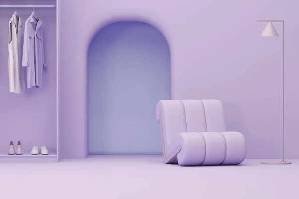 Kleider Hängen Auf Einem Gestell Stehlampe Und Sessel Auf Pastellviolettem — Stockfoto