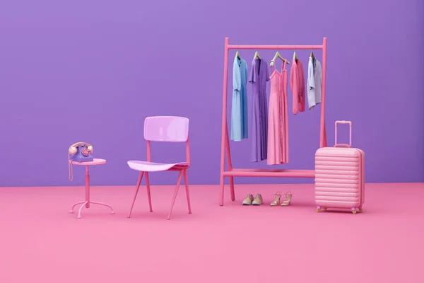 衣服挂在架子上 行李袋 粉色和紫色背景的椅子 创意作文 背景浅 有复制空间 工作室 商店时尚3D渲染 — 图库照片