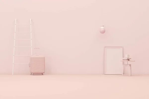 Interiér Pokoje Obyčejné Monochromatické Růžové Barvě Taškou Zavazadla Zarámovanou Fotografií — Stock fotografie