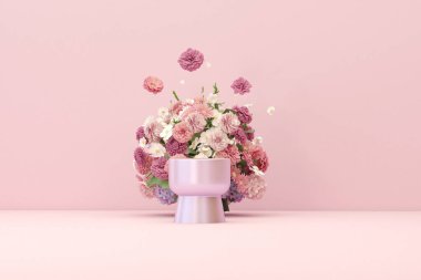 3D podyum, ortanca çiçeği ve klasik çerçeveli pastel pembe arka plan. Şakayık çiçeği ve doğa yaprağı. Güzellik ve ürün için minimum kaide. Kadınsı kopyalama alanı şablonu 3d oluşturma