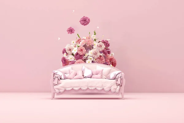Podium Display Pastel Pink Background Armchair Flowers Palm Leaf Shadow — Foto Stock