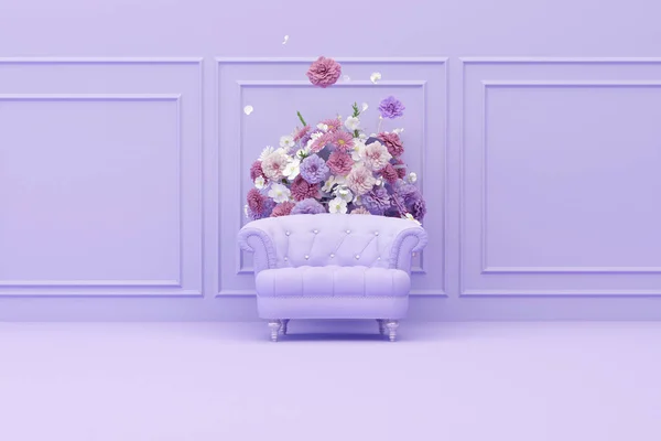 Luksusowy Fotel Spadającymi Kolorowymi Kwiatami Pastelowym Fioletowym Tle Pomysł Reklamy — Zdjęcie stockowe
