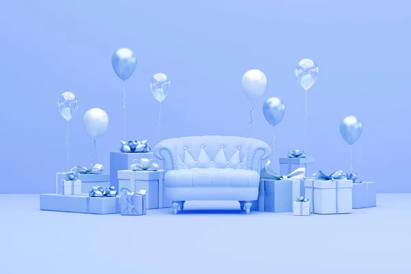 Minimal Scene Armchair Gift Boxes Balloons Photo Studio Blue Silver — Foto de Stock