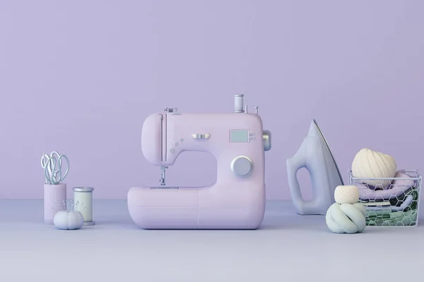 Fashion Clothing Designer Concept Sewing Machine Floating Purple Pink Background — Zdjęcie stockowe