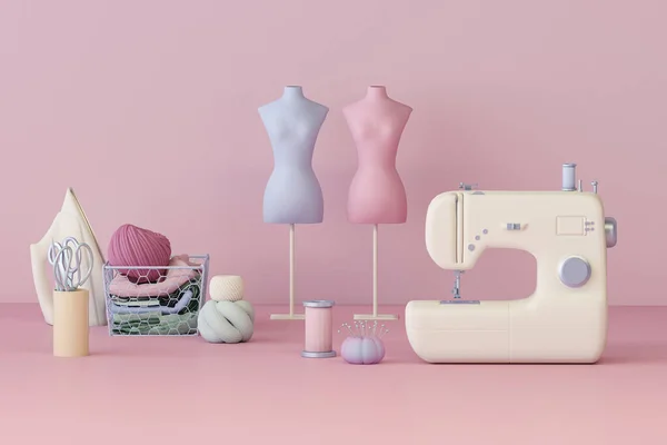 Fashion Kleding Ontwerper Concept Met Naaimachine Drijvend Paarse Roze Achtergrond — Stockfoto