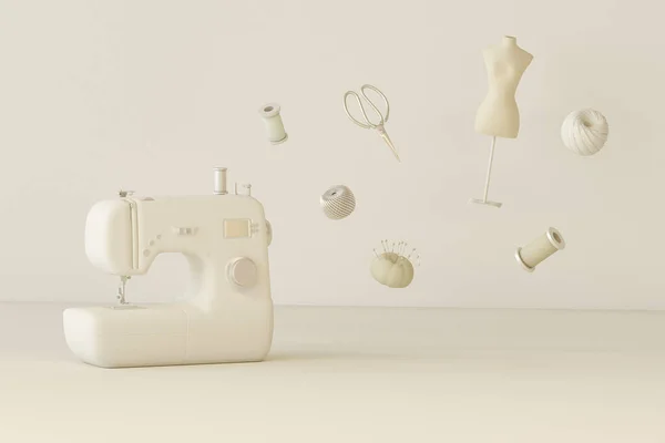 Fashion clothing designer concept with sewing threads and sewing machine floating on beige background. Tailoring shop with mannequins, fabrics and thimbles. Feminine copy space template 3d render