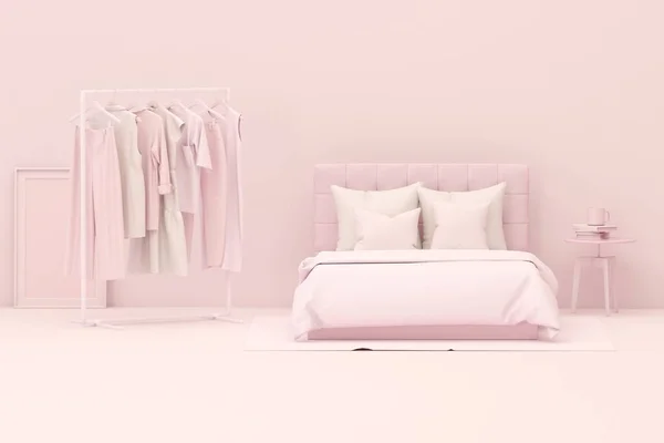 Creative composition. Interior of the room in pink color with Clothes on a hanger and pink bed. Feminine copy space template. 3d render for web page, presentation, studio.