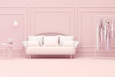 Clothes hanging on a rack, lamp and armchair on pink room background. Creative composition. Light background with copy space. 3D render for web page, presentation, studio, store fashion