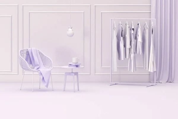 Clothes Hanging Rack Lamp Armchair Purple Room Background Creative Composition — Φωτογραφία Αρχείου