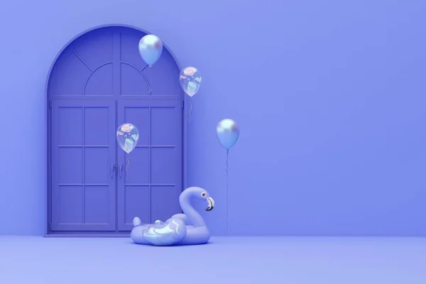 Door Inflatable Flamingo Pastel Purple Blue Background Rendering Concept Shopping — Zdjęcie stockowe