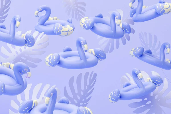 Flamingos Inflatable Swimming Tropical Leaves Shape Pastel Purple Background Rendering — Stock fotografie