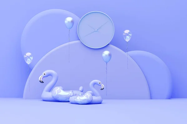 Big Clock Inflatable Flamingo Pastel Purple Blue Background Rendering Concept — Zdjęcie stockowe