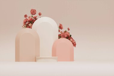 3D podium display, white and pink background with Rose flower . Minimal pedestal for beauty, cosmetic product. Holiday, feminine copy space template 3d render
