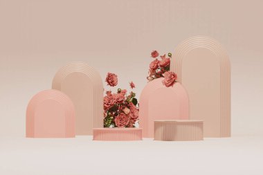 3D podium display, white and pink background with Rose flower . Minimal pedestal for beauty, cosmetic product. Holiday, feminine copy space template 3d render