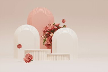 3D podium display, white and pink background with Rose flower . Minimal pedestal for beauty, cosmetic product. Holiday, feminine copy space template 3d render