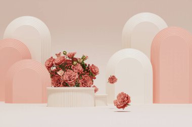 3D podium display, white and pink background with Rose flower . Minimal pedestal for beauty, cosmetic product. Holiday, feminine copy space template 3d render