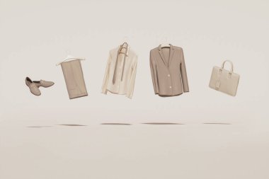 Stylish men accessories on beige and brown color background, floating objects. 3d rendering. Concept of shopping modern male accessories with business suit, hat, shoes, bag.