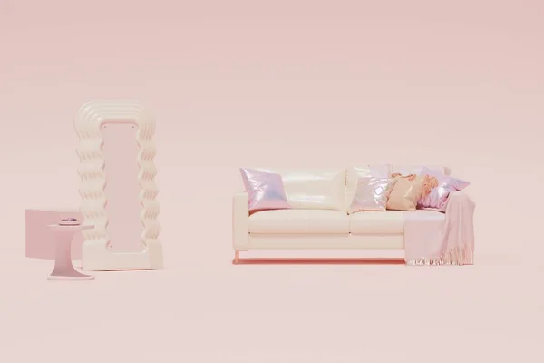 Creative composition. Interior of the room in pastel pink, purple color with sofa and pillows, beauty mirror .Concept for home decor advertising. Feminine copy space template 3d render
