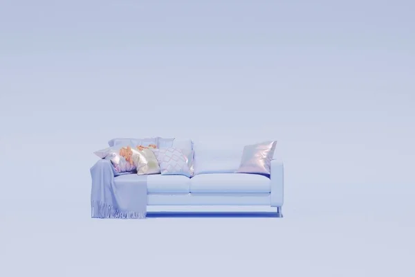 Creative composition. Interior of the room in pastel blue, pink, purple color with sofa and pillows.Concept for home decor advertising. Feminine copy space template 3d render
