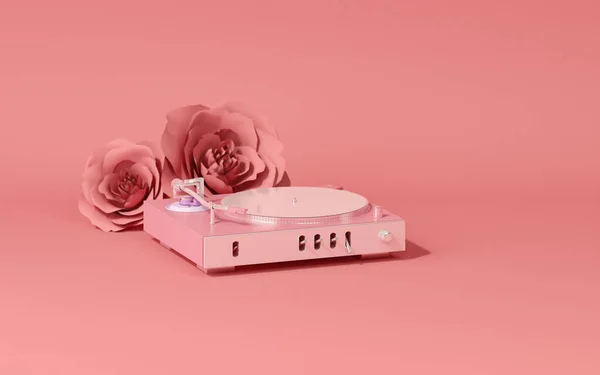 3d render of pink Vinyl vitage record player with rose flowers. Trendy 3d rendering for social media banners, promotion, presentation, image. Social media promotion. Listening to music. 3d render