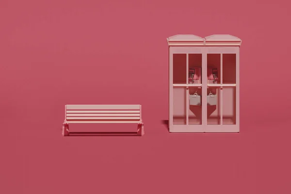 British traditional pink telephone booth, symbol, web banner or template. Payphone and park bench on pastel color background, minimal style conceptual background. 3d rendering. Creative composition.