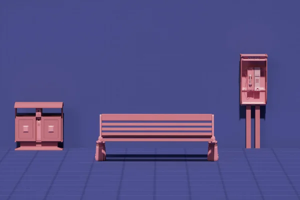 Geleneksel İngiliz pembe telefon kulübesi, sembol. Pembe ankesörlü telefon, geri dönüşüm kutusu, pastel renkli arka planda park bankı, minimum tarz kavramsal arka plan. 3D görüntüleme. Yaratıcı bileşim.