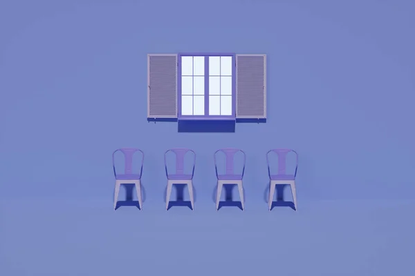 Vier Stühle Und Fenster Auf Betonwand Blauer Pastellfarbe Hintergrund Kreative — Stockfoto