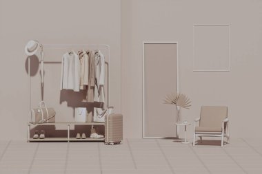 Minimalist oturma odası. Düz tek pastel bej renkli. Duvarında çerçeveler, mobilyalar ve bitkiler var. 3D tasarım, poster duvarı. Grunge arkaplanındaki giysiler.