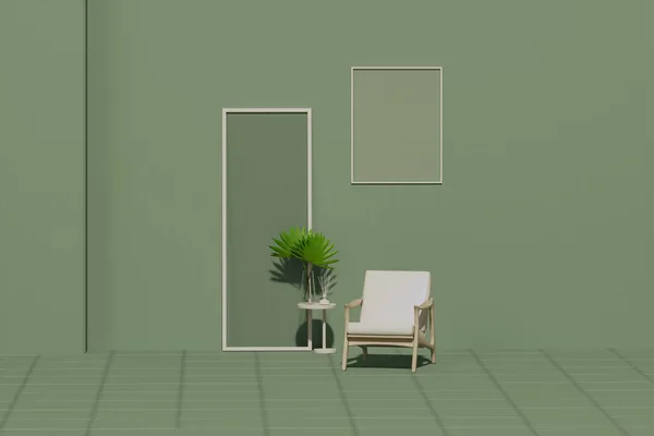 Minimalist living room interior in flat single pastel green color with frames on the wall and furnitures and plants. 3d rendering, poster gallery wall. Mockup frame in interior background
