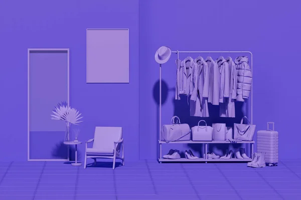 Мінімалістичний Інтер Вітальні Плоский Однопастельний Фіолетовий Колір Рамами Стіні Шуби — стокове фото
