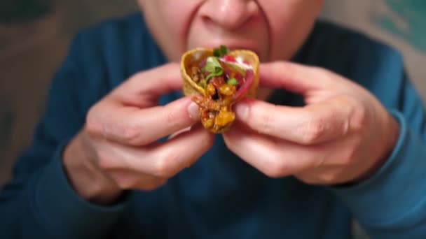 Portrait Man Eating Tasty Juicy Tacos Mexican Cuisine Restaurant — Stock Video