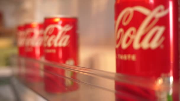 Pessoa Coloca Várias Latas Bebida Cola Prateleira Porta Frigorífico Para — Vídeo de Stock