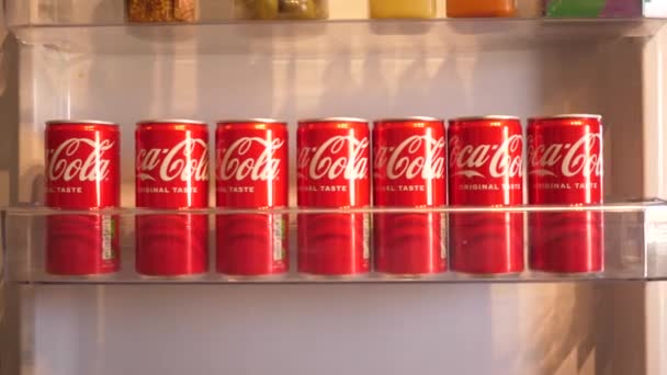 Person Holt Eine Dose Cola Aus Dem Regal Der Kühlschranktür — Stockvideo