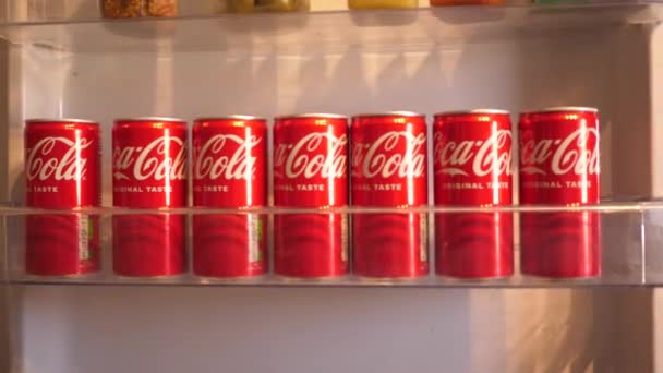 ポーランドのヴロツロ 2022年2月16日 冷蔵庫のドア棚からコーラの缶を取る — ストック動画