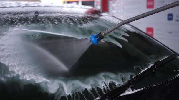 Washing Foam Surface Car Water Sprayer Jet Driver Person Washing — Stock Video