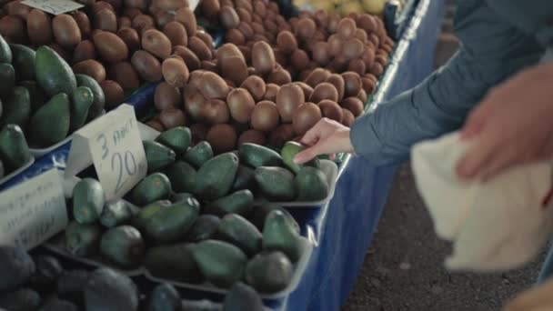 Tanınmayan alıcı avokadoyu seçiyor ve çiftlik pazarında tezgahın üzerindeki çevre dostu çantaya koyuyor. Yavaş çekim — Stok video