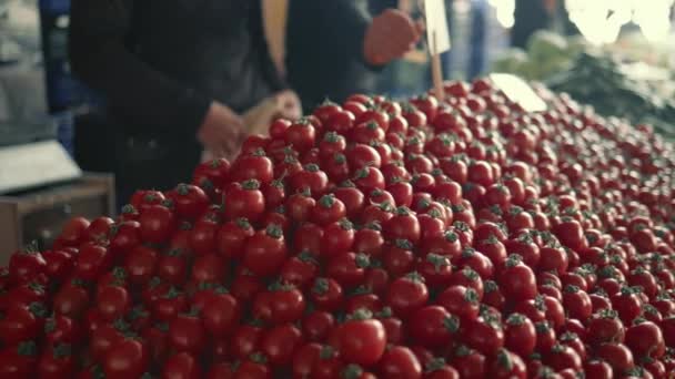 Heerlijke tomaten op de toonbank op de boerderijmarkt. Langzame beweging — Stockvideo