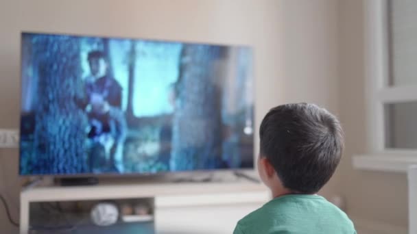 Rückansicht eines kleinen Jungen, der zu Hause einen Film im Fernsehen anschaut — Stockvideo