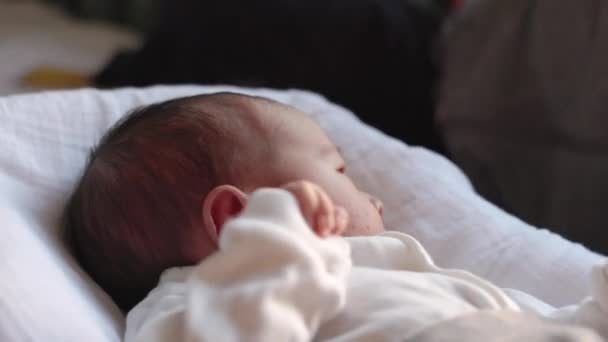 Старший брат целует новорожденного ребенка, пока он лежит на кровати — стоковое видео