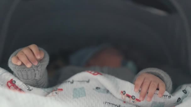 Close up of babies hands while he is sleeping in stroller — Stock Video