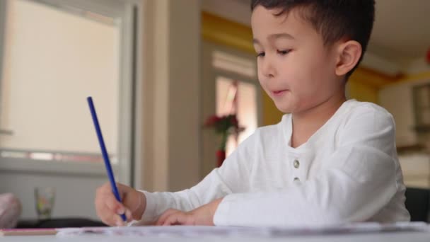 Kleiner asiatischer Junge in weißer Zeichnung mit blauem Stift auf Papier sitzt zu Hause — Stockvideo