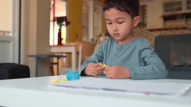 小亚洲学龄前儿童从事创造性工作。男孩拿着色彩艳丽的粘土和雕刻的人物形象 — 图库视频影像