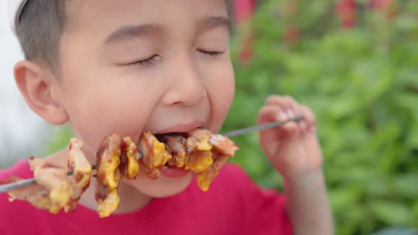 Hungry boy biting chicken BBQ from skewer. — Stok video