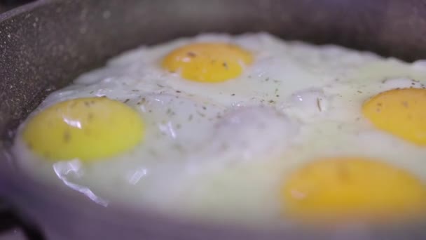Ägget går sönder och rinner ner i pannan. Hälsosam frukost koncept. Närbild — Stockvideo