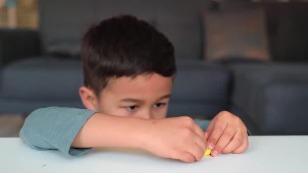 Little asian preschooler engaged in creativity. Boy sculpts a figure on a table — стоковое видео