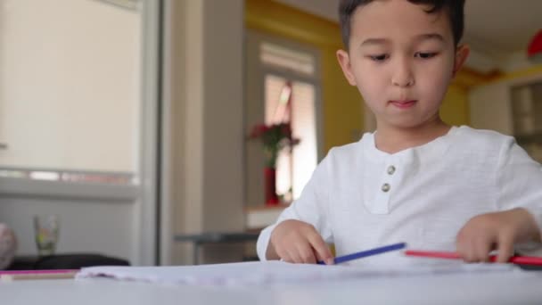 Маленький азіатський хлопчик у білому малюнку з синьою і червоною ручкою на папері сидить вдома — стокове відео